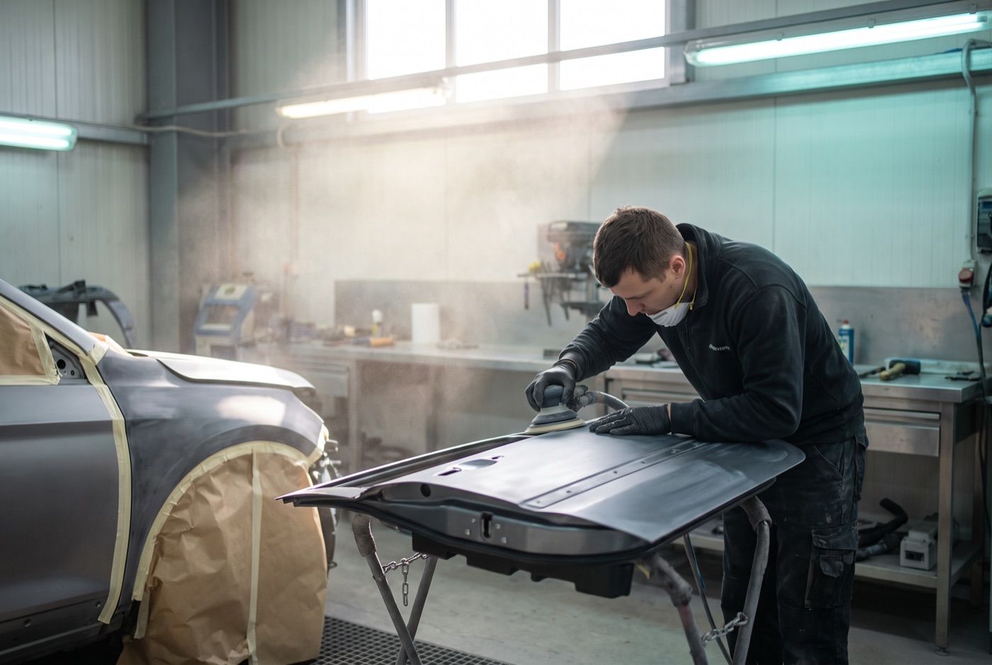 Green Auto body technician refinishing a car panel