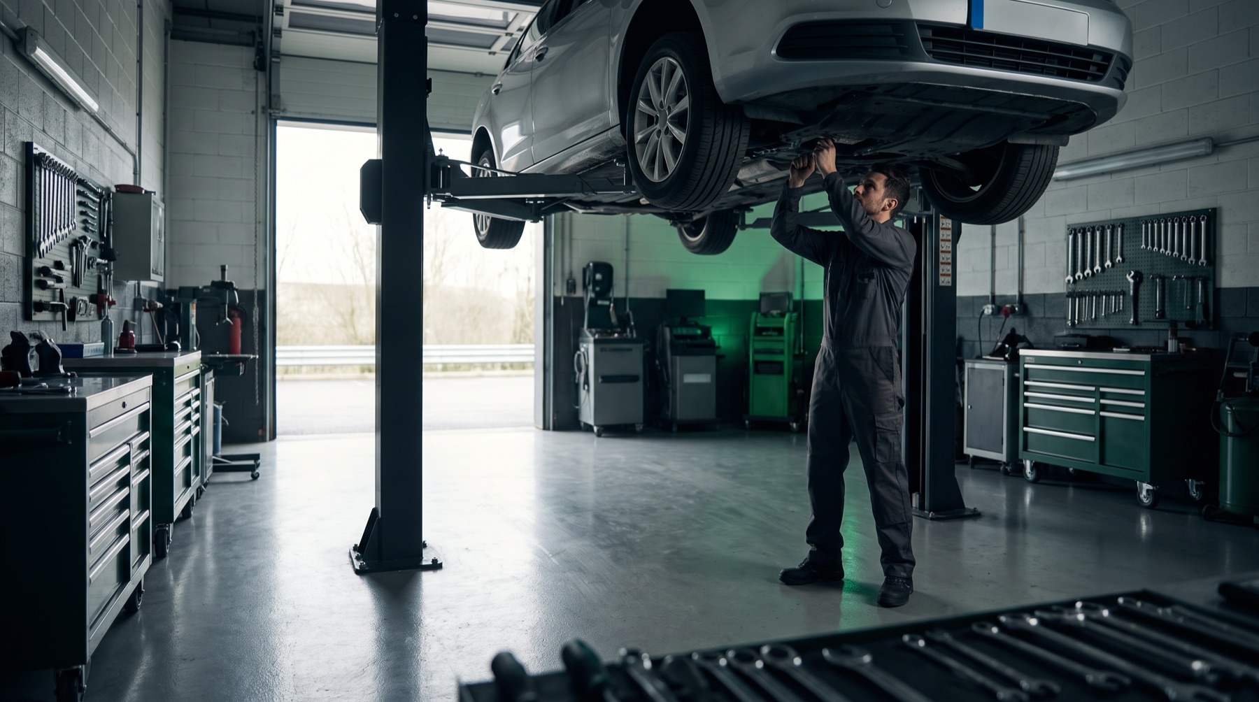 A Green Auto technician working under a car on a hoist inside the Vaughan service bay