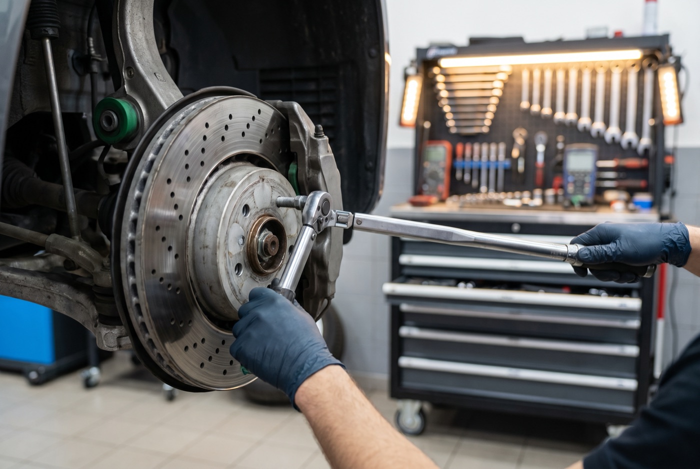Green Auto mechanic torquing a brake rotor
